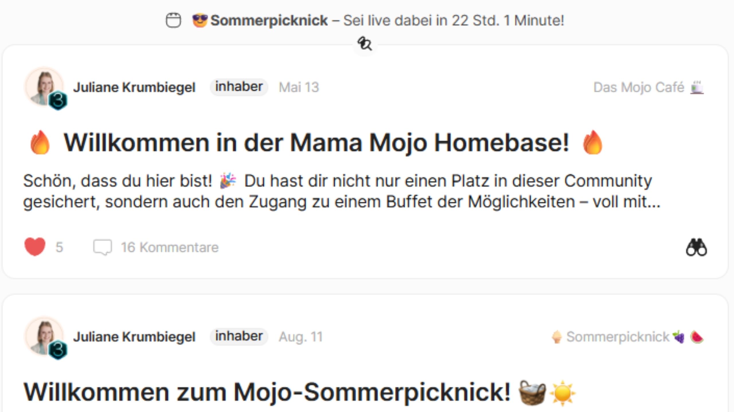 Screenshot aus der Mama Mojo Homebase Community mit Begrüßungspost von Juliane Krumbiegel und Willkommensnachricht.